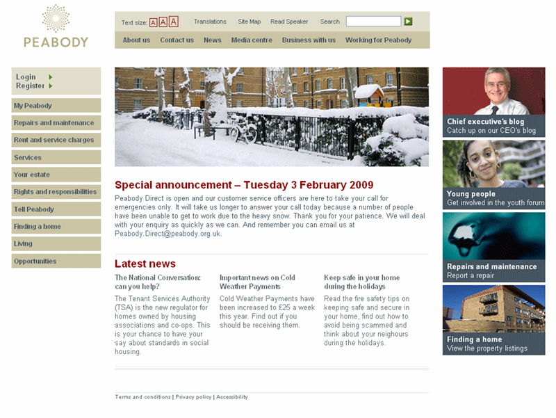 Wireframes and interaction design for Peabody Website